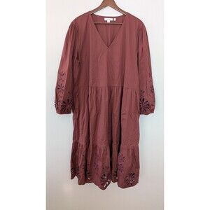 Chicos Poplin Eyelet Midi Dress Sz 18 Brown Tiered Cottage Puff Long Sleeve